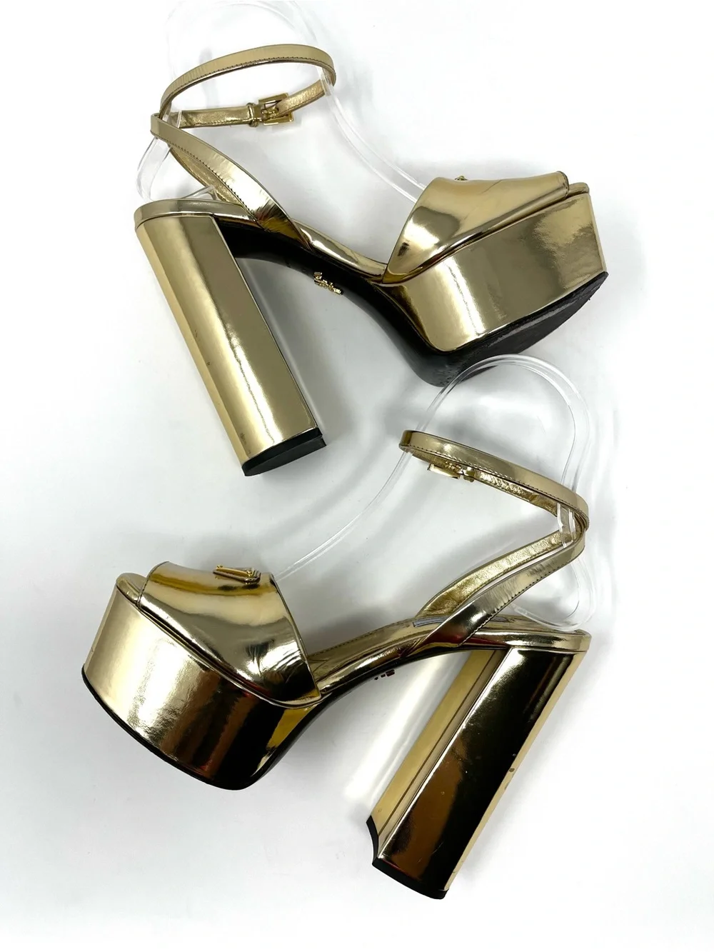 Prada Gold Metallic Leather Triangle Logo Strappy Platform Sandals Heels 36.5